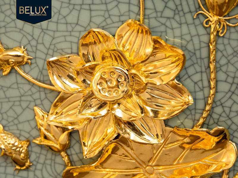 Đĩa Hoa Sen D20 xanh ngọc dát vàng 24k